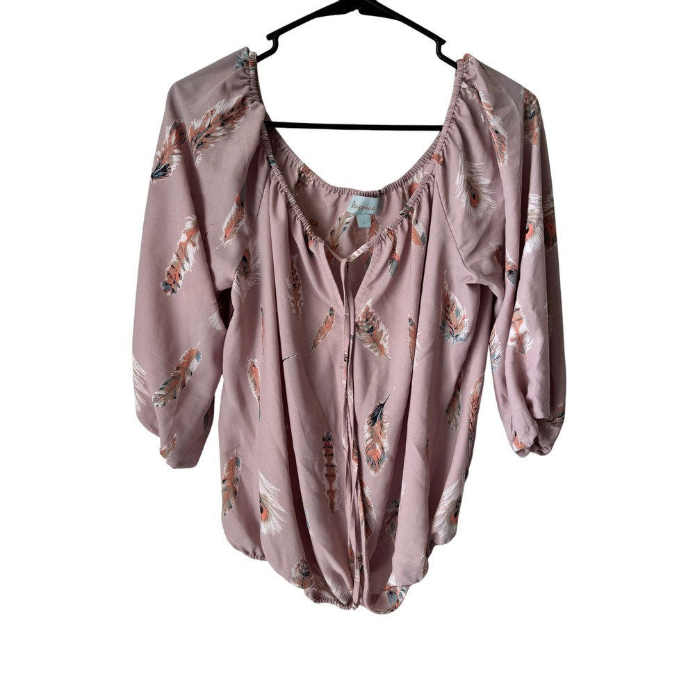 Veronica M Mauve Pink Feather Print Off Shoulder Bubble Hem Blouse Bohemian
